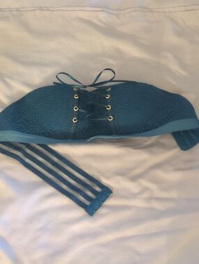 Lace Strapless Corset-Style Bandeau Bra in Teal